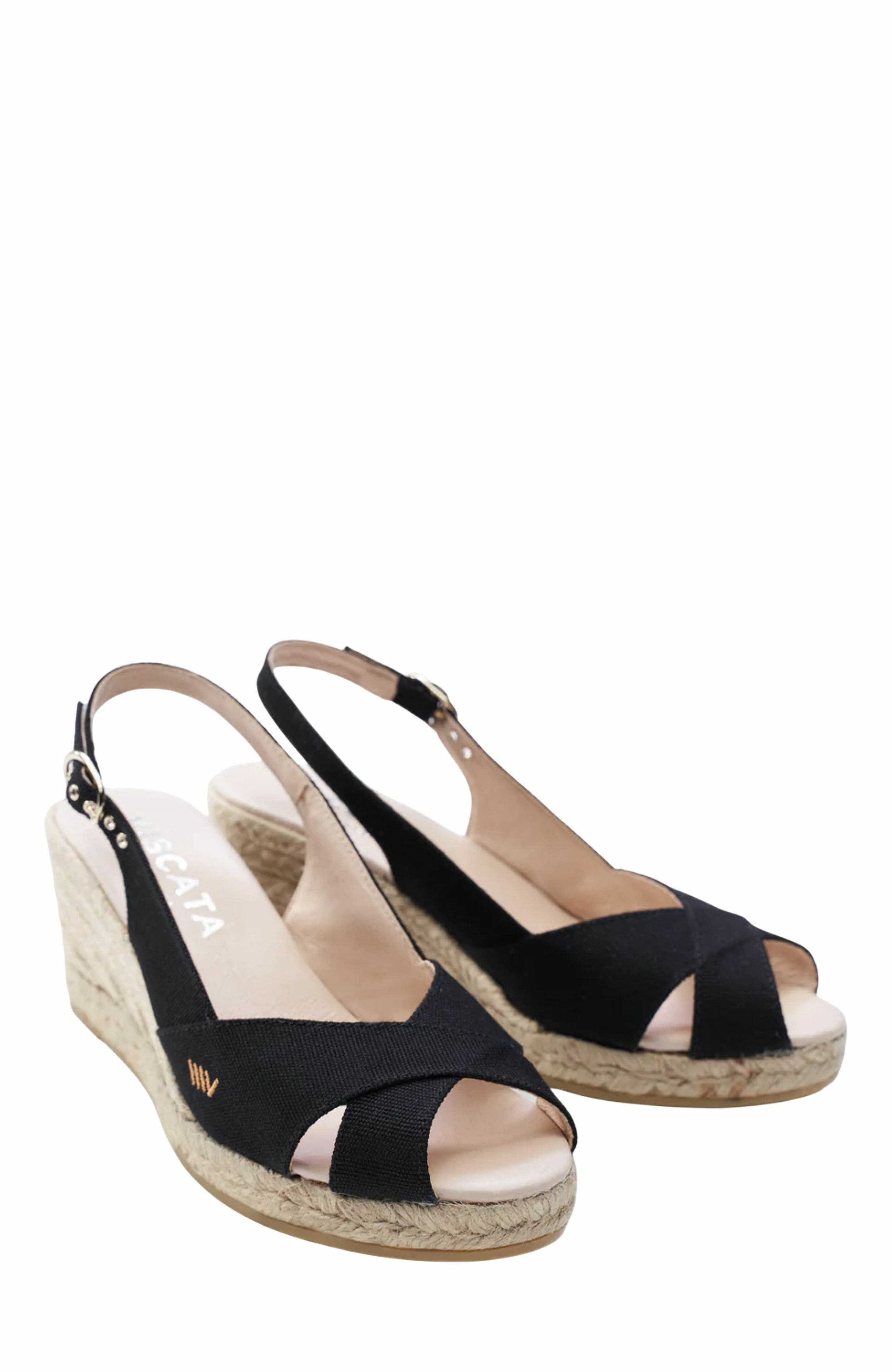 VISCATA Llansa Premium Fabrics Canvas Espadrille Sandal Wedges, Alternate, color, Black