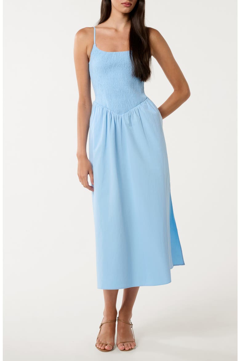 Dylan Shirred Cotton Fit & Flare Midi Dress, Main, color, CLEAR DAY