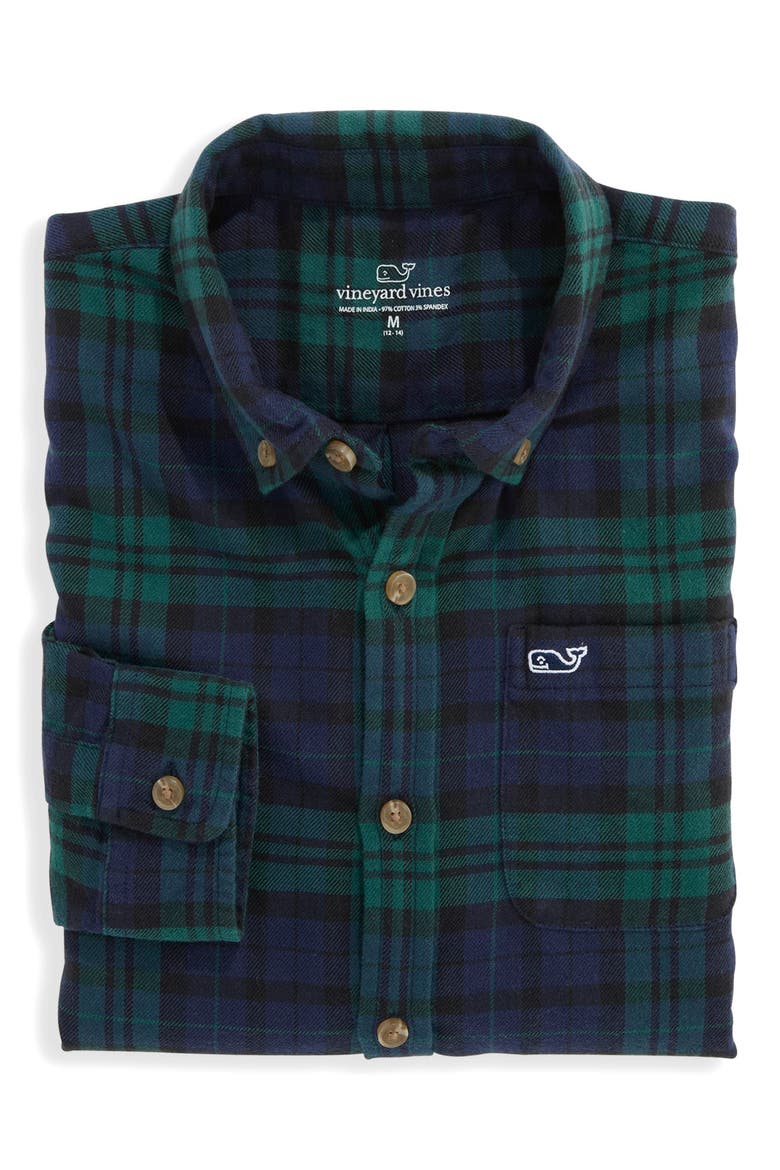 Kids' Blackwatch Plaid Cotton Flannel Button Shirt, Main, color, JET BLACK BLACKWATCH
