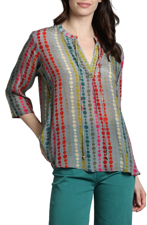 Print Tassel Split Neck Chiffon Top