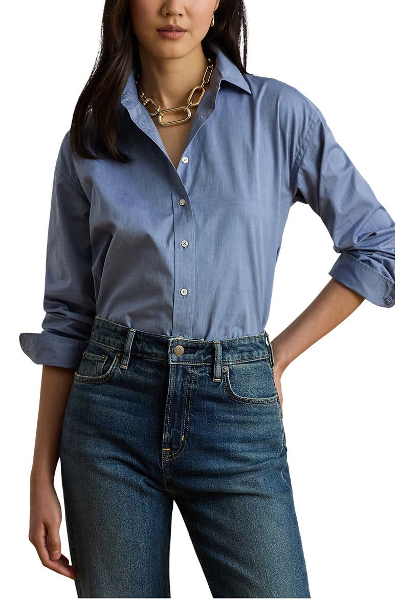 Cotton End-on-End Button-Up Shirt, Main, color, BLUE