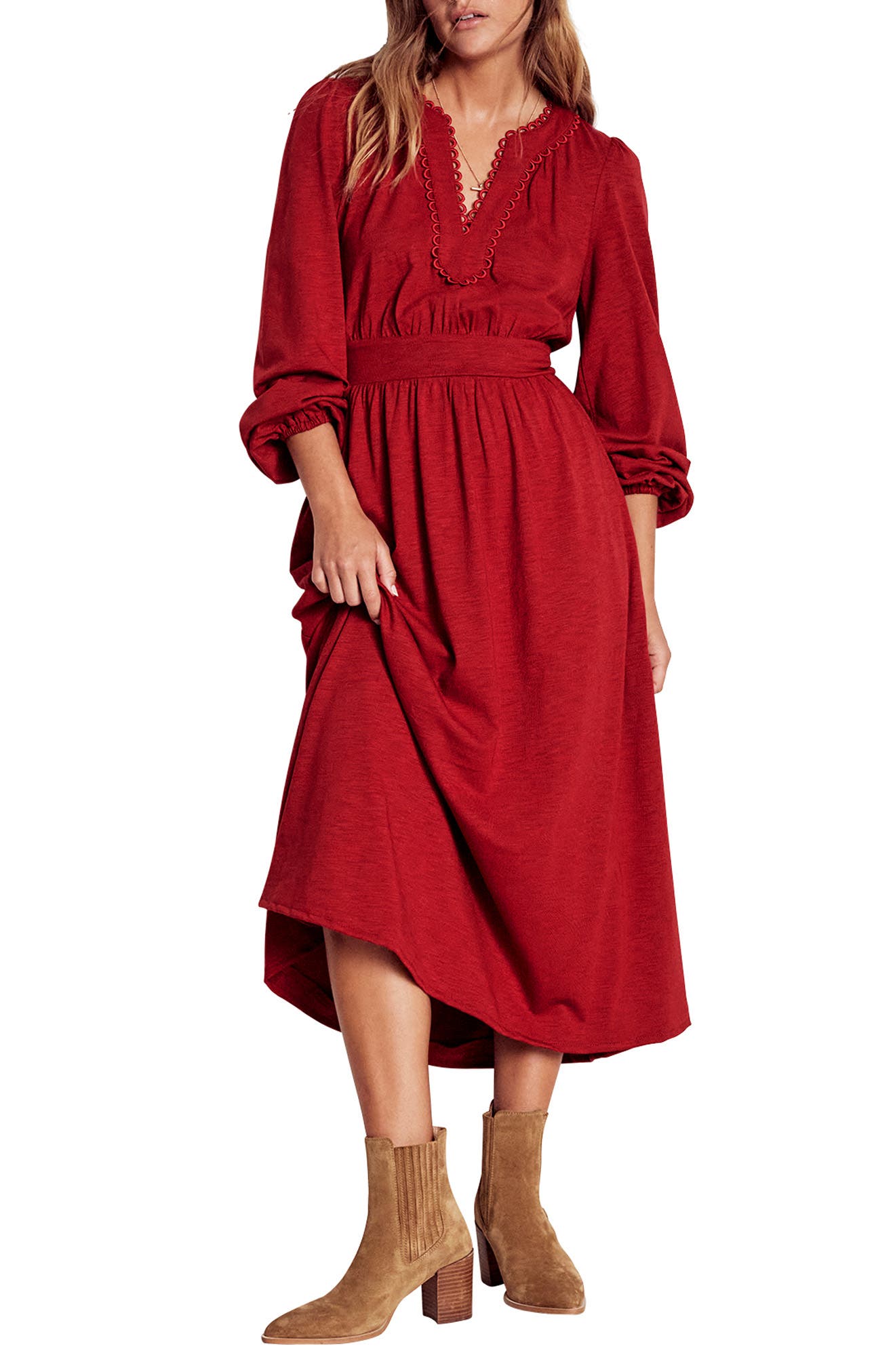 Boden Maddie Picot Trim Long Sleeve Cotton Blend Midi Dress