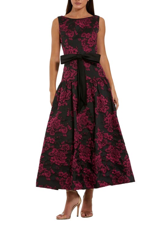Mac Duggal Brocade Sleeveless Midi Dress With Satin Bow In Brown