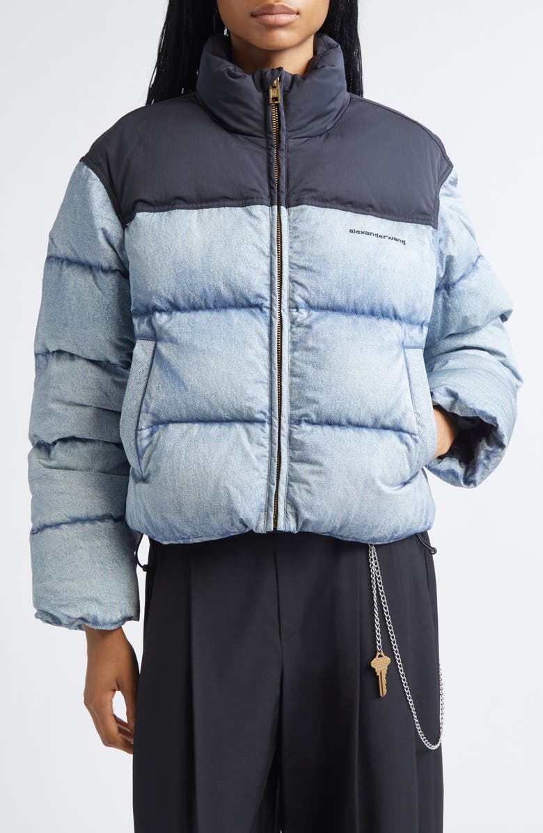 Alexander Wang Denim Print Down Puffer Jacket, Main, color, Light Distressed Blue/ Black