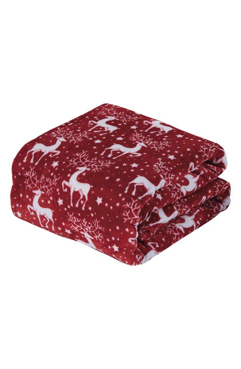 Red Reindeer Plush Fleece Throw Blanket