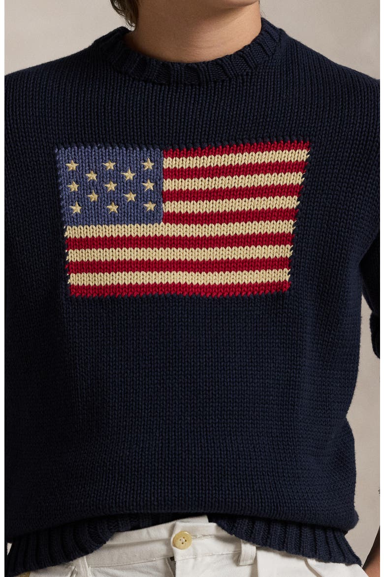 Kids' American Flag Cotton Crewneck Sweater, Alternate, color, HUNTER NAVY