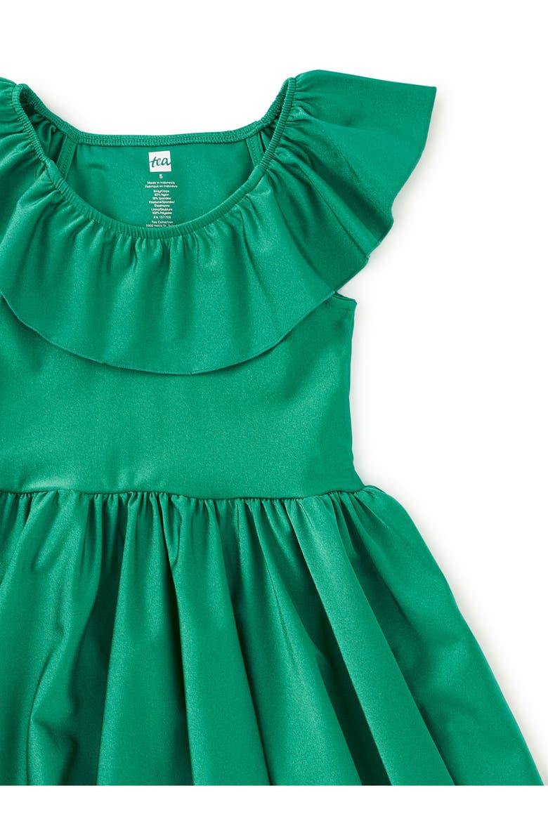 Tea Collection Shiny Ruffle Neck Dress, Alternate, color, Spinach