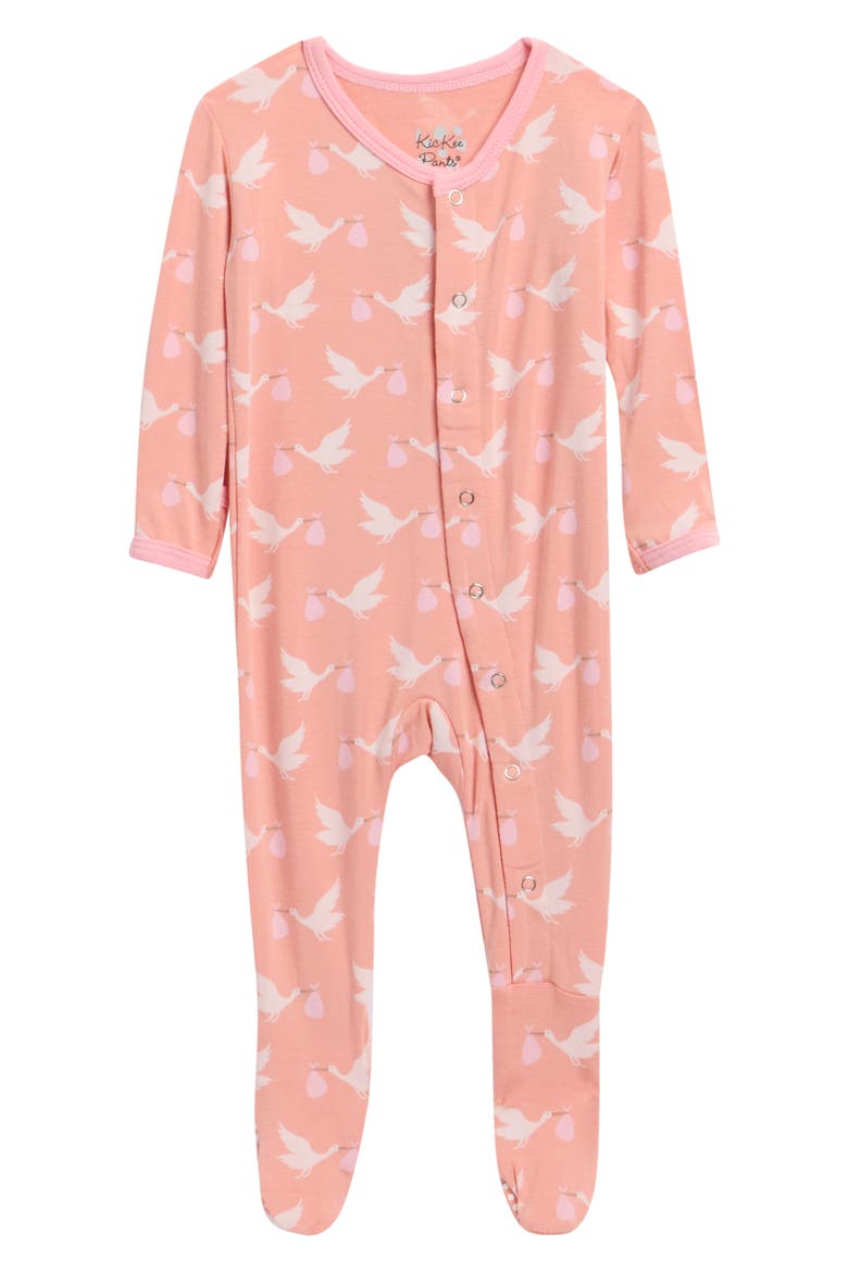 Stork Print Snap Fitted Fleece Footie, Main, color, BLUSH STORK