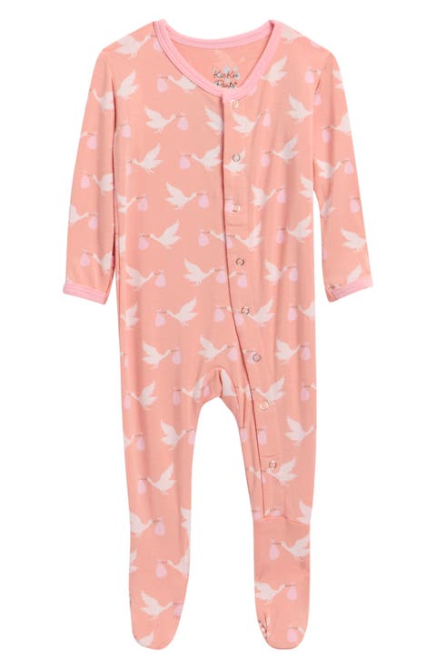 Stork Print Snap Fitted Fleece Footie