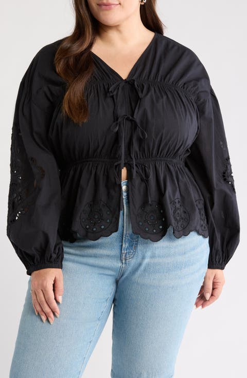 Long Sleeve Cotton Eyelet Top (Plus)
