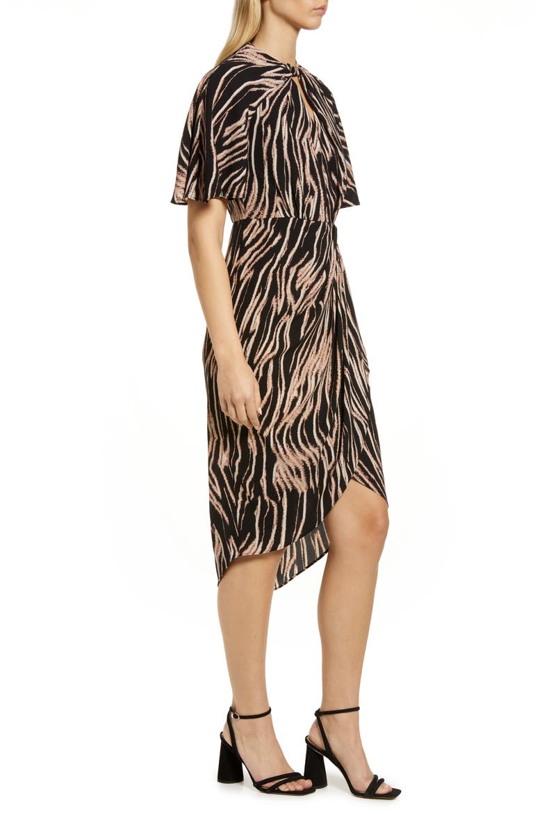 Abstract Stripe Knot Neck Midi Dress, Alternate, color, BLACK/ CINNAMON SWIRL
