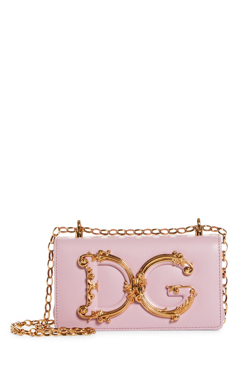 Dolce&Gabbana Girls Logo Leather Phone Crossbody Bag, Main, color, Powder Pink