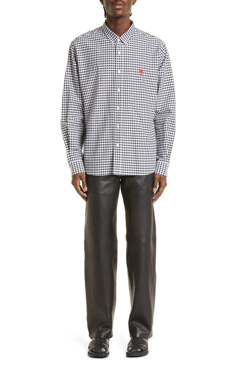 AMI PARIS Ami De Coeur Embroidered Gingham Button-Down Shirt, Alternate, color, 