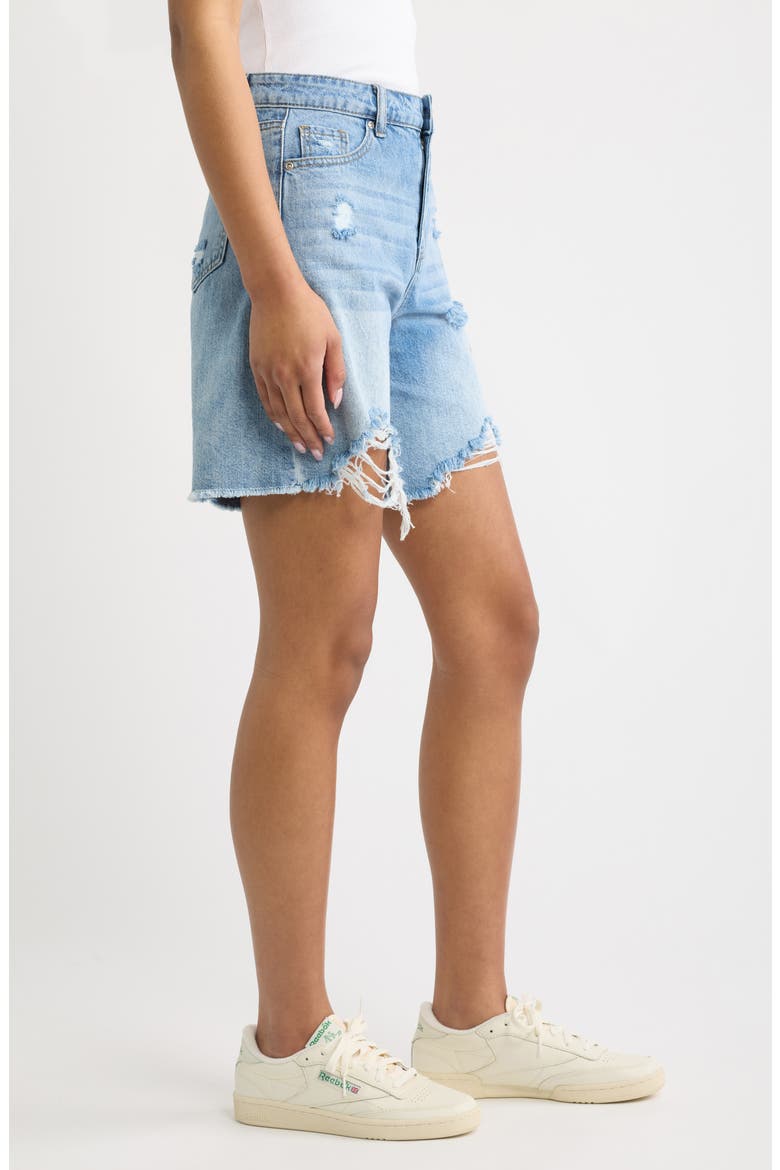 Distressed High Waist Raw Hem Denim Shorts, Alternate, color, MEDIUM INDIGO