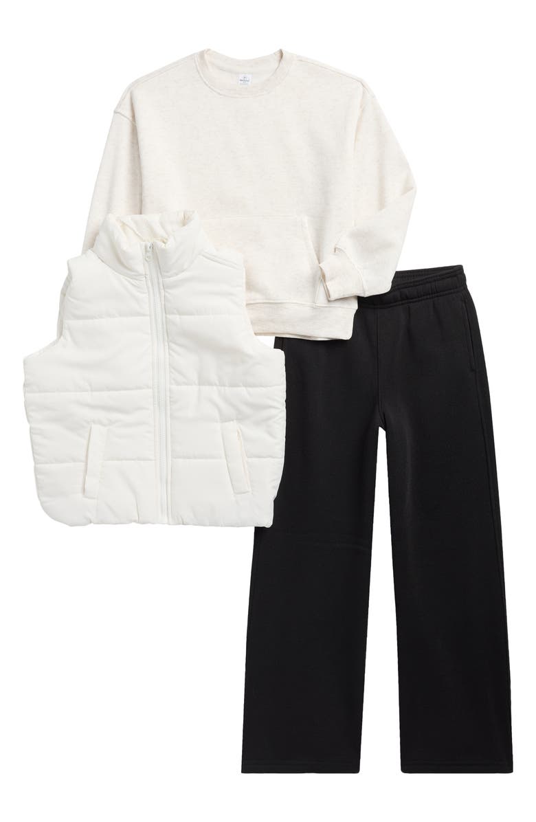 90 DEGREE BY REFLEX Kids' Puffer Vest, Sweatshirt & Sweatpants Set, Main, color, Sugar Swizzle/ Heather Oatmeal