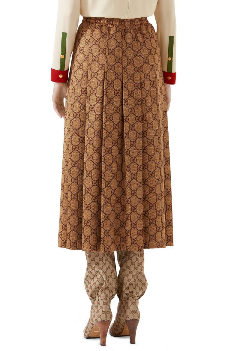 GG Print Pleated Midi Skirt, Alternate, color, VINTAGE CAMEL