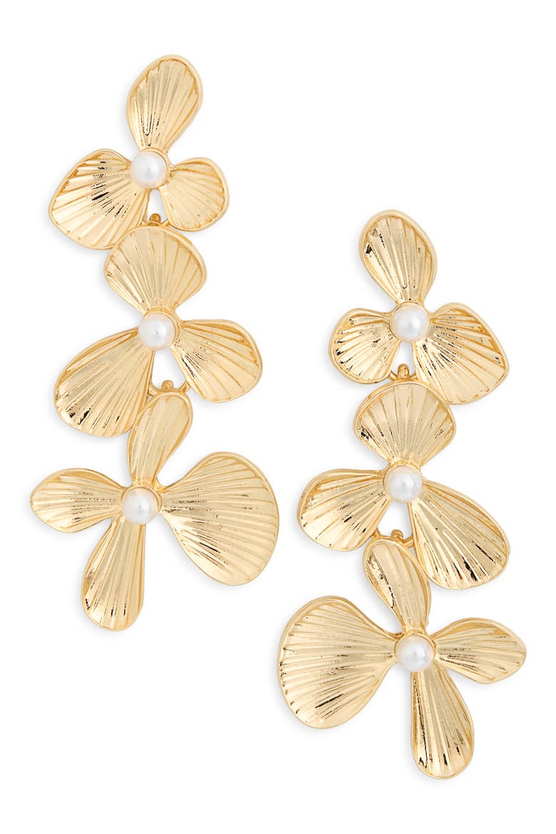 Flower Faux Pearl Triple Drop Earrings, Main, color, WHITE- GOLD