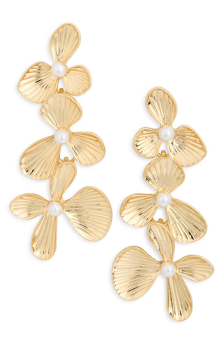 NORDSTROM RACK Flower Faux Pearl Triple Drop Earrings, Main, color, White- Gold