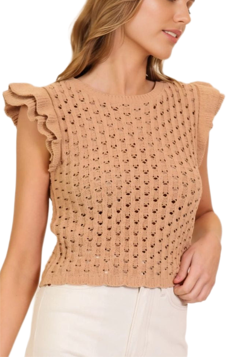 Knit and Lounge Ruffle Cap Sleeve Crochet Open Knit Top, Alternate, color, Camel