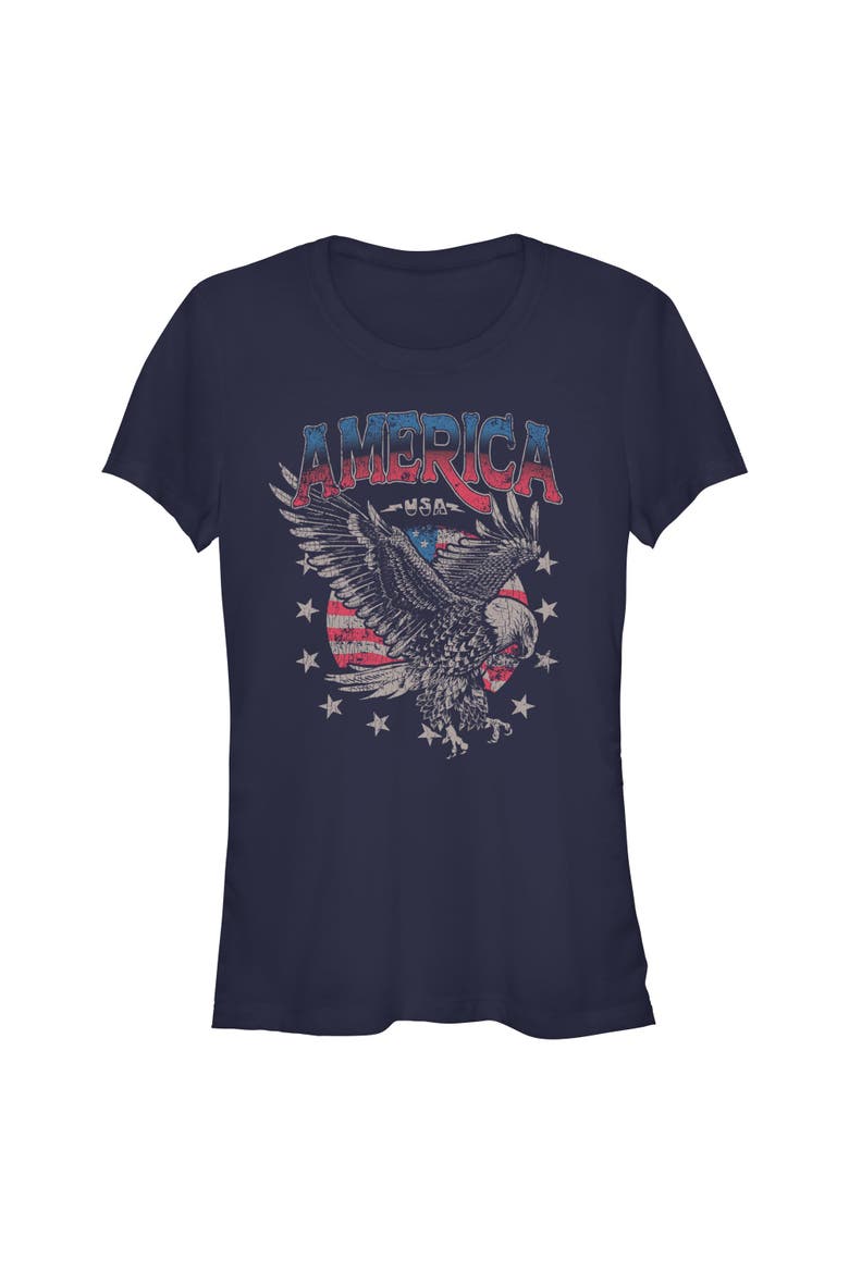 Juniors Lost Gods Distressed America Bald Eagle T Shirt, Main, color, Navy Blue