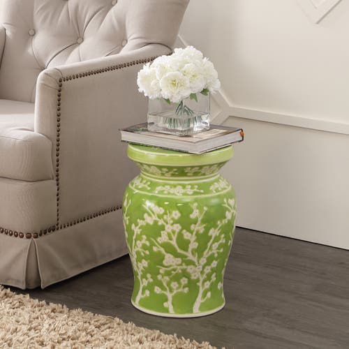 Jonathan Y Cherry Blossom 17.75" Ceramic Garden Stool In Green/white