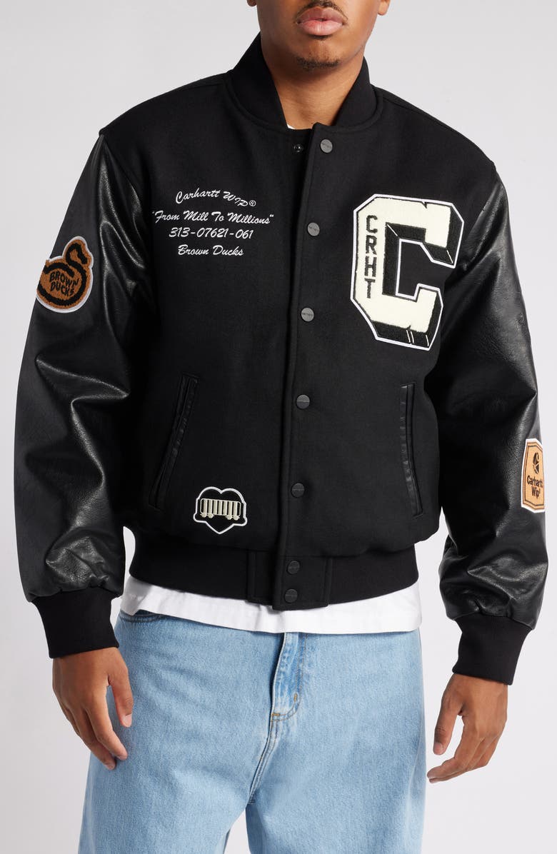 Carhartt Work In Progress Brown Ducks Mixed Media Bomber Jacket, Alternate, color,