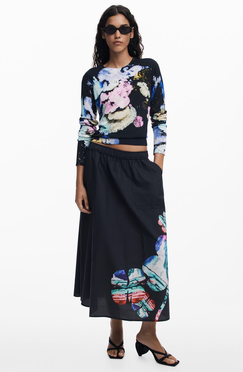 Desigual Floral Print A-Line Skirt, Alternate, color, Black