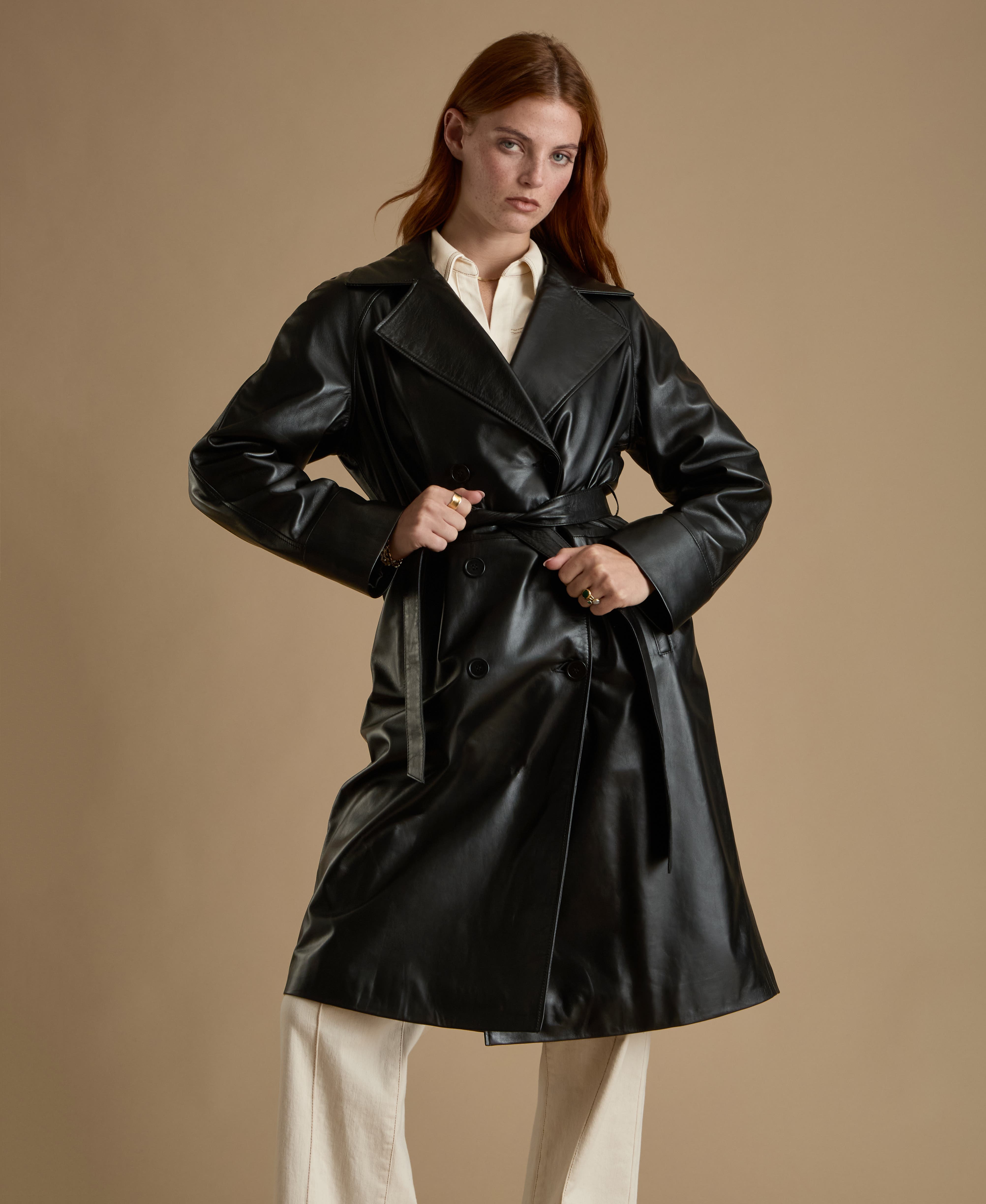 Furniq Uk Sloane Leather Trench Coat In Black