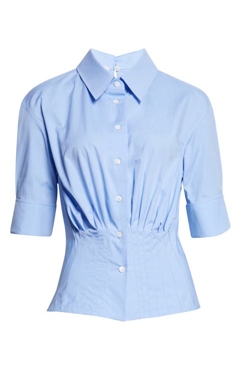 Pintuck Peplum Poplin Button-Up Shirt
