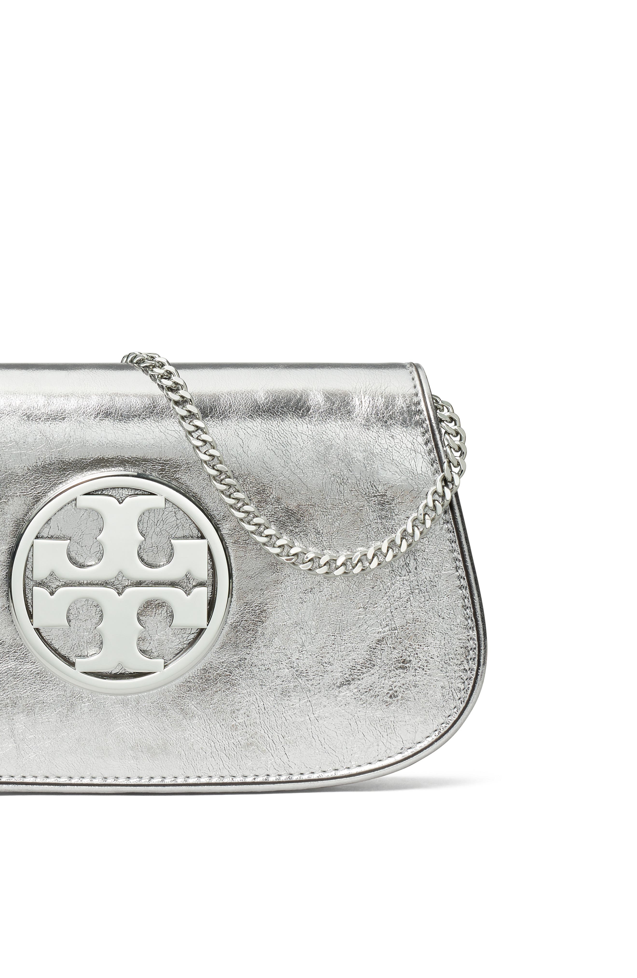 Tory Burch Reva Metallic Leather Clutch, Alternate, color, 