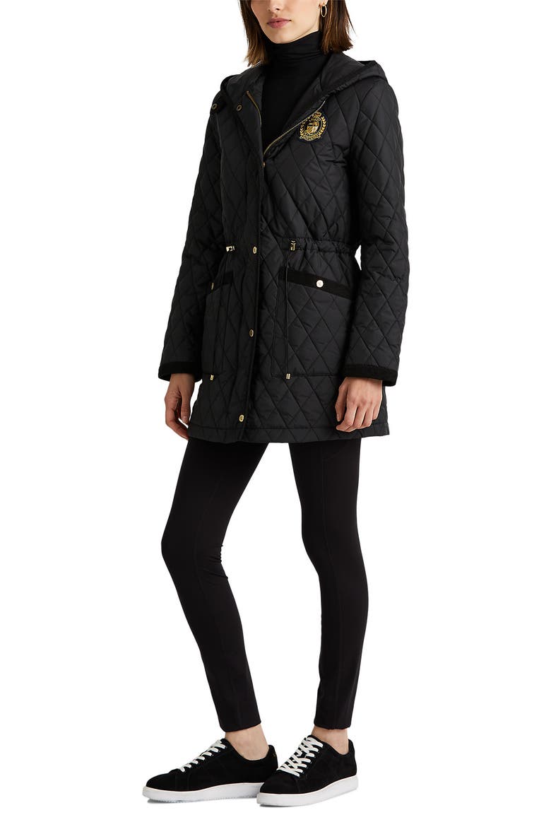 Quilted Crest Hooded Coat, Alternate, color, BLACK
