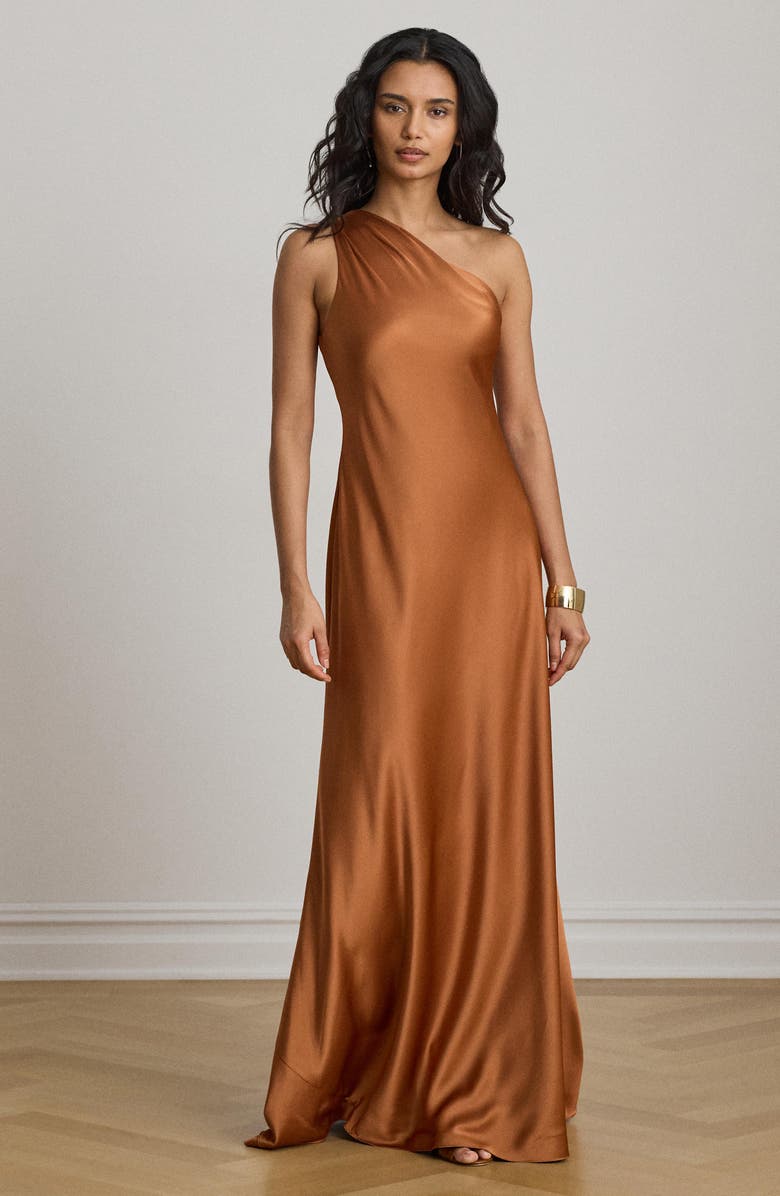 Lauren Ralph Lauren Satin Charmeuse One-Shoulder Gown, Alternate, color, Red Terracotta