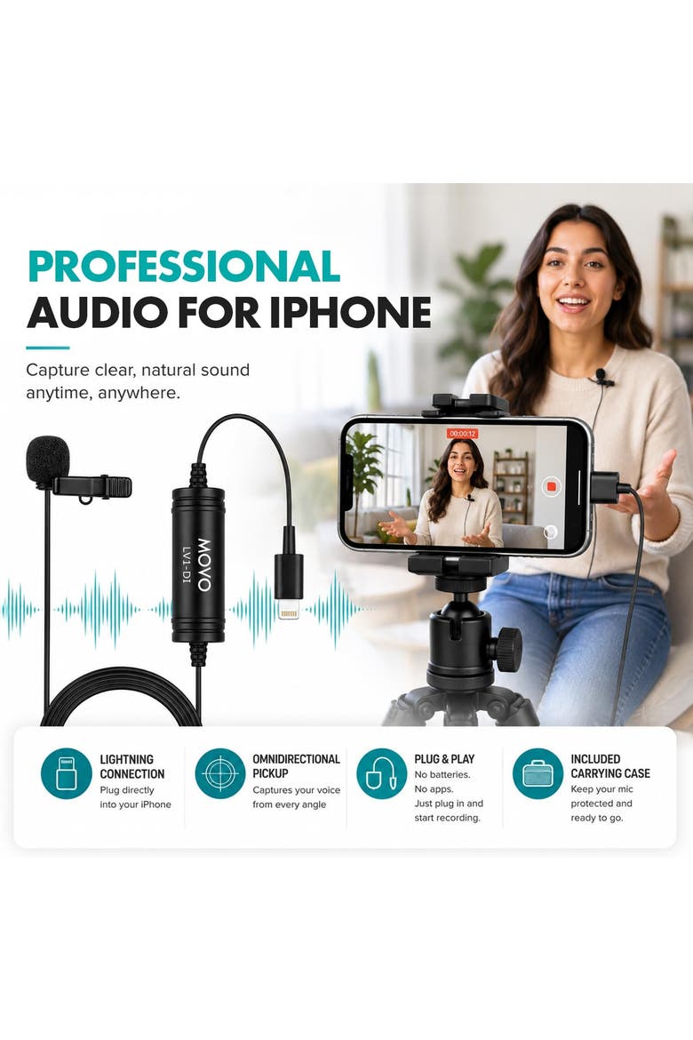 LV1-DI Lightning Lavalier Microphone for iPhone and iPad, MFi Certified Lightning Clip On Mic with 20-Foot Cable, Alternate, color, Black