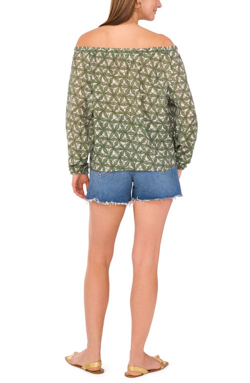 Two By Vince Camuto Floral Off The Shoulder Button-up Shirt In Dark Green