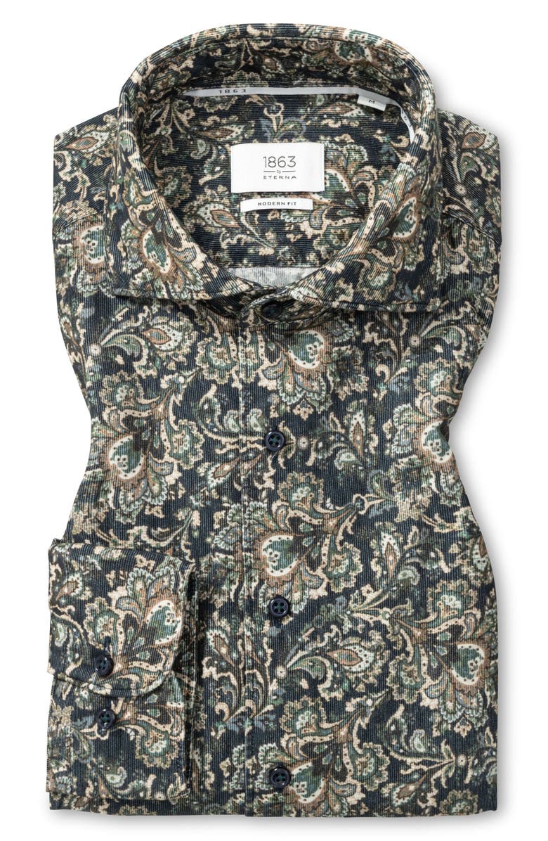 Eterna Modern Fit Corduroy Button Front Shirt, Main, color, Dark Blue