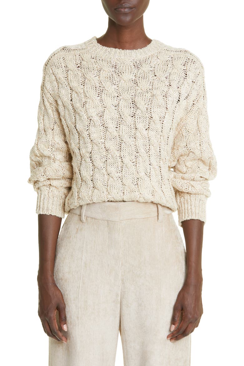 Sequin Cable Knit Silk & Linen Blend Sweater, Main, color, CBU80-LIGHT BEIGE