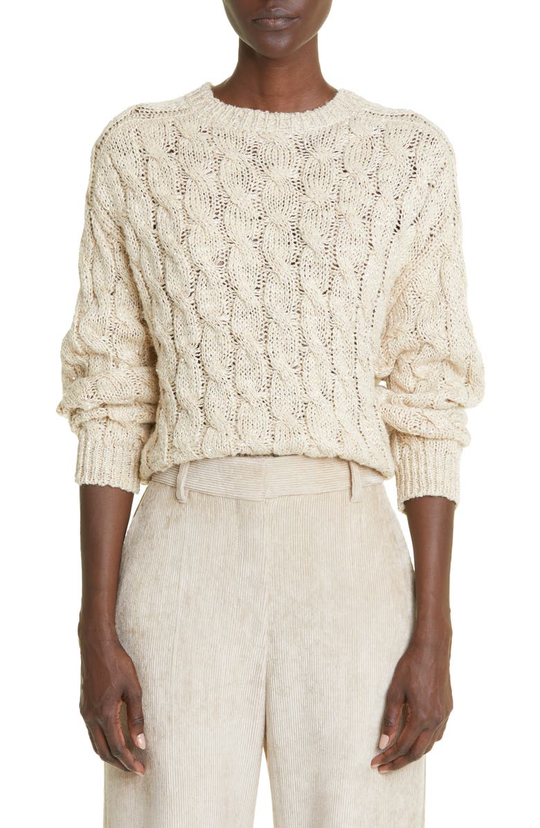 Brunello Cucinelli Sequin Cable Knit Silk & Linen Blend Sweater, Main, color,