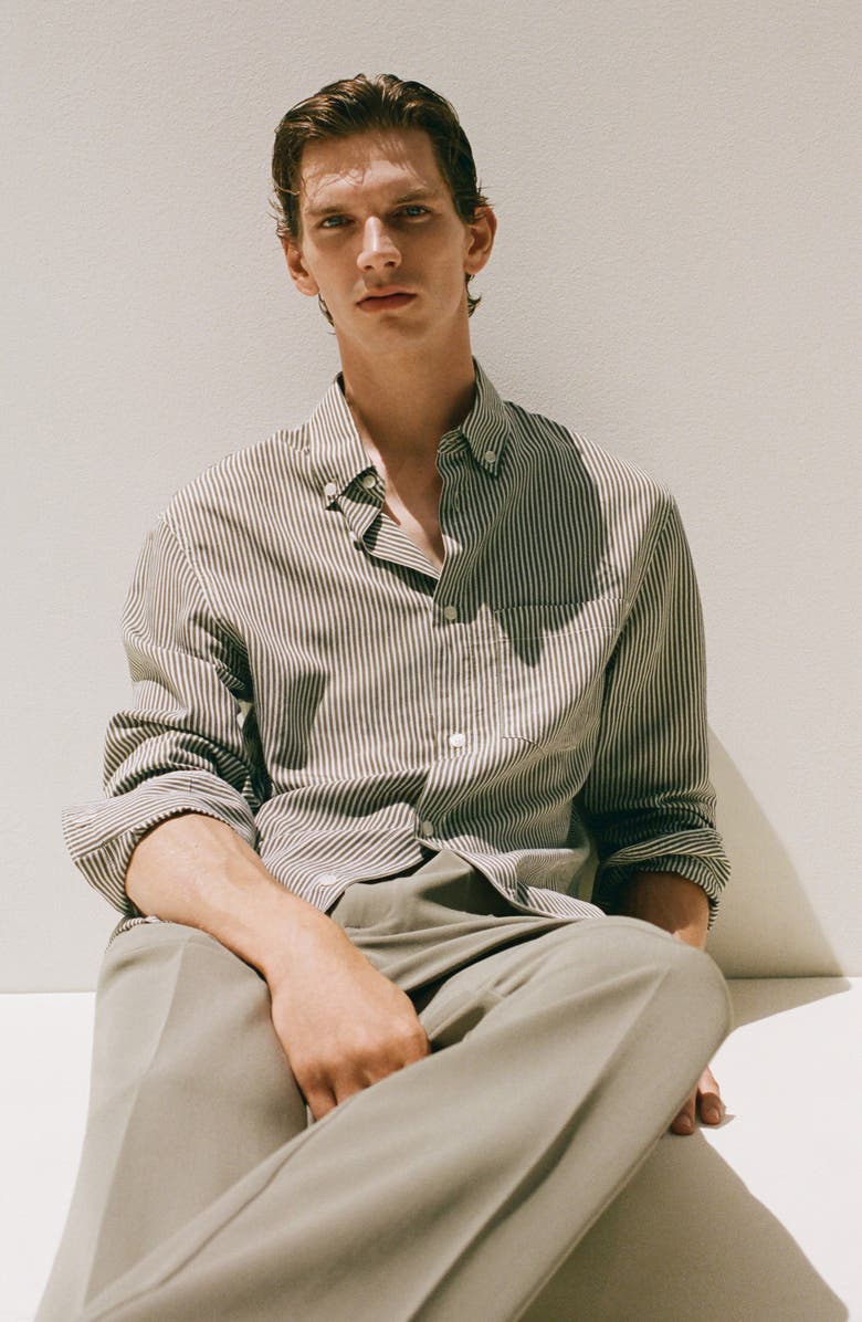 MANGO Regular Fit Stripe Button-Down Shirt, Alternate, color, Olive Green