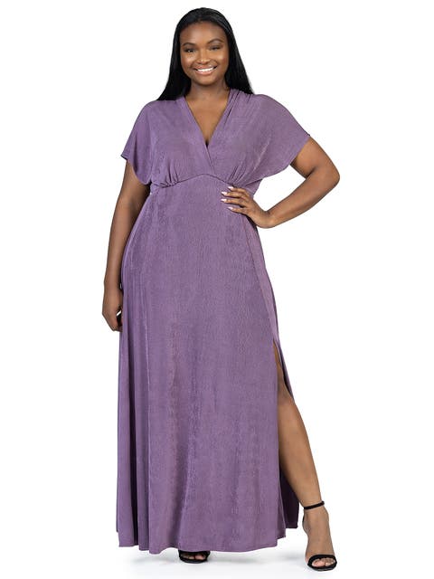Plus Size  Flutter Sleeve Metallic Knit Maxi Dress Front Slit Empire Waist