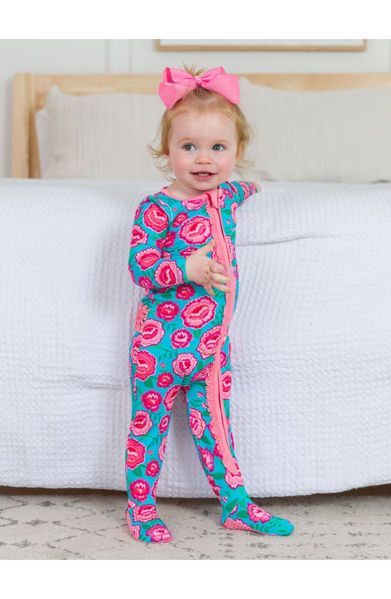 RuffleButts Baby Girls SoftSnooze Ruffle One Piece Footie Pajama, Alternate, color, Bright Blossoms