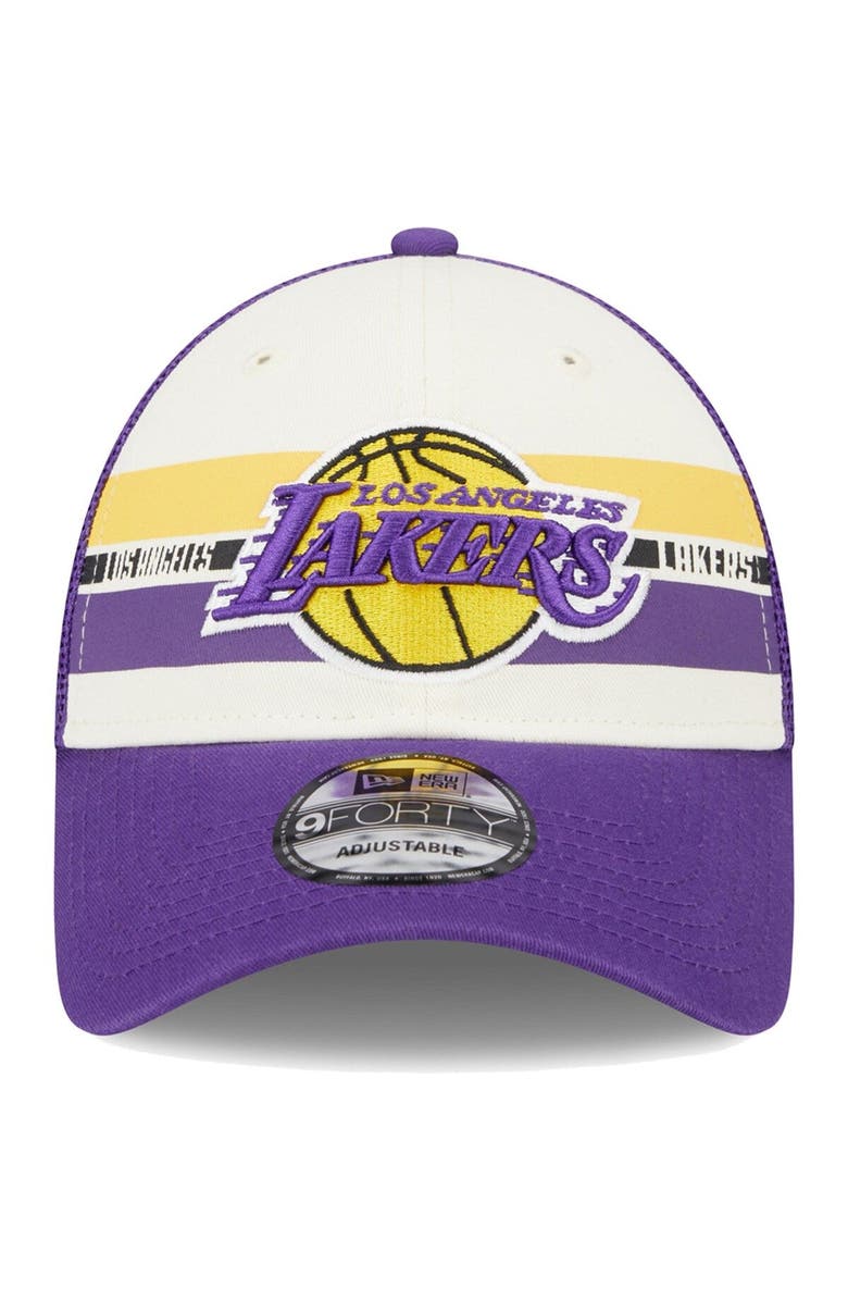 New Era Men's New Era Los Angeles Lakers Purple Stripes 9FORTY Trucker Snapback Hat, Alternate, color, 