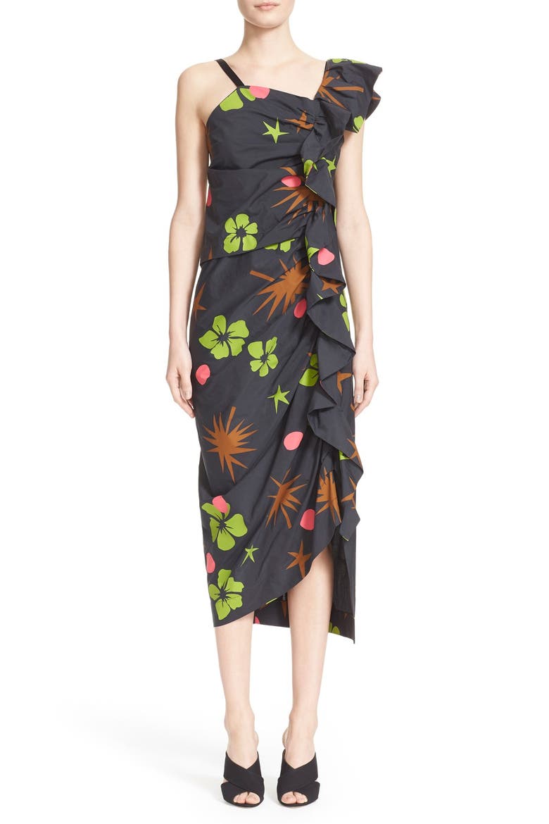 Long Ruched Ruffle Dress, Main, color, TROPICAL RAVE