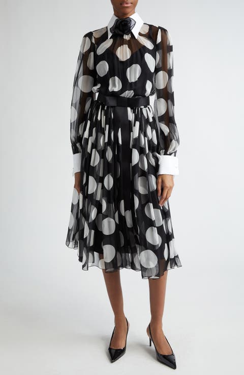 Polka Dot Long Sleeve Belted Chiffon Midi Dress