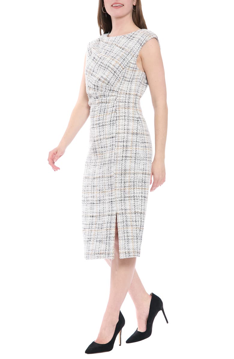 London Times Plaid Sleeveless Bouclé Midi Sheath Dress, Alternate, color, Black/ Ivory/ Grey