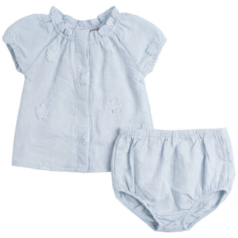Girl Floral Embroidery Applique Ruffle Neck Blouse and Bloomers Set
