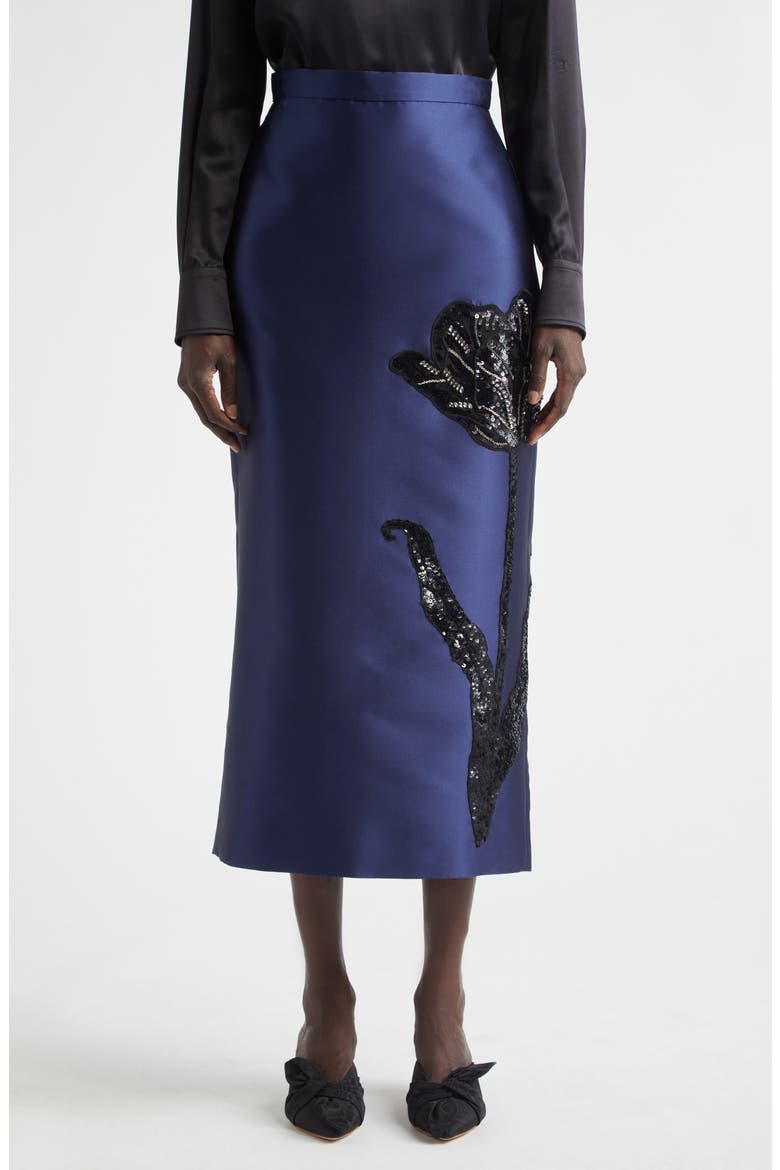 Tulip Embellished Mikado Pencil Skirt, Main, color, BEETLE