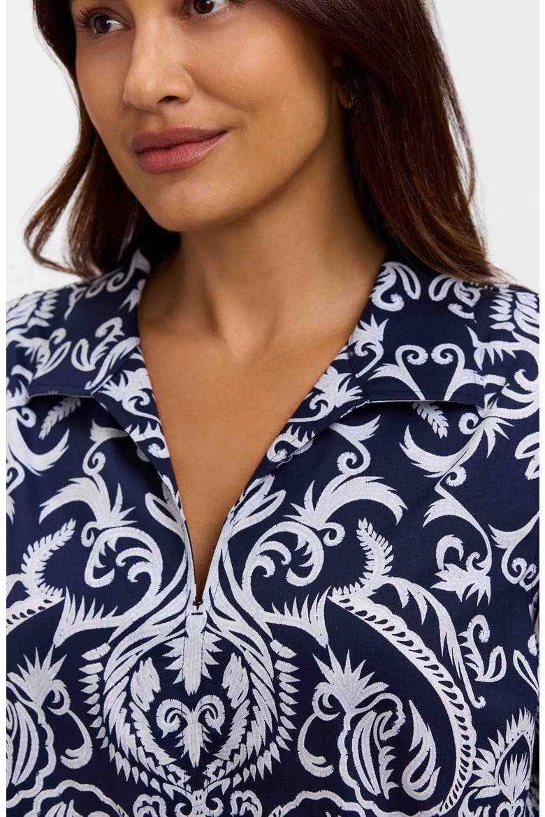 Agnes Florentine Print Three-Quarter Sleeve Cotton Popover Top, Alternate, color, NAVY BLUE/ WHITE