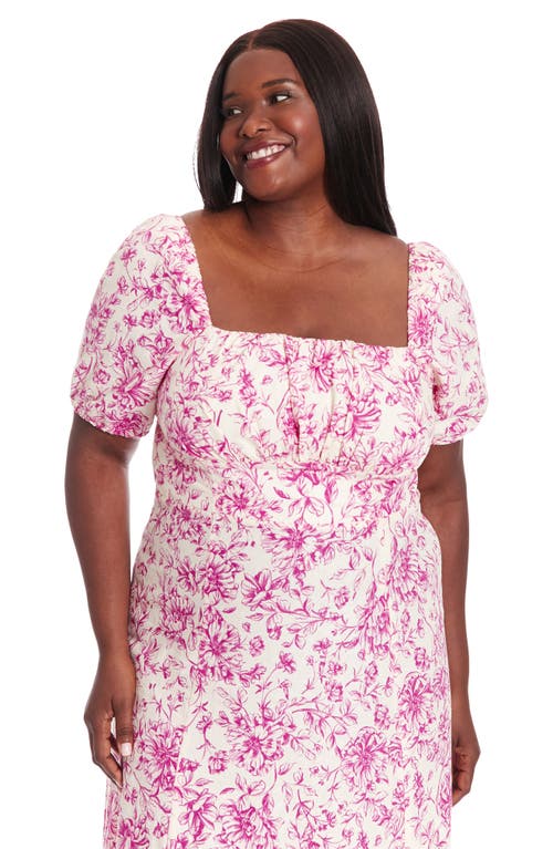 LONDON TIMES LONDON TIMES FLORAL SHORT SLEEVE EMPIRE WAIST LINEN BLEND MIDI DRESS