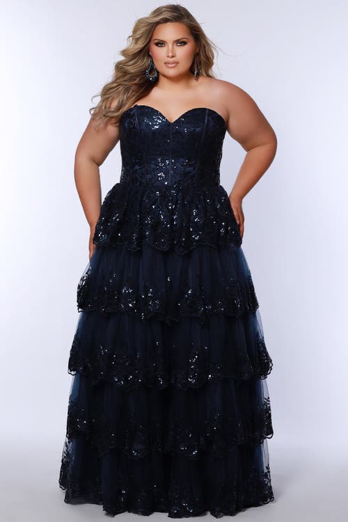 Sydney's Closet Sweetheart Neckline Tiered Plus Size A-line Gown In Navy