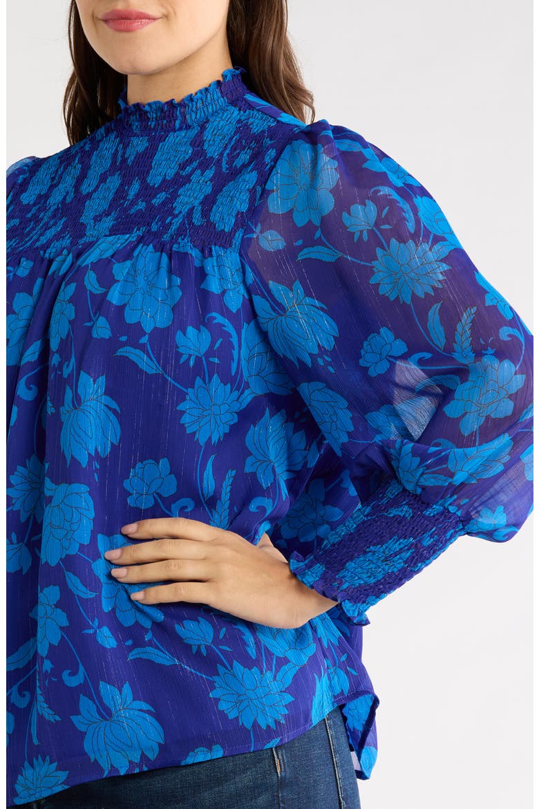 Sunnie Metallic Smocked Yoke Balloon Sleeve Top, Alternate, color, NAVY-MULTI